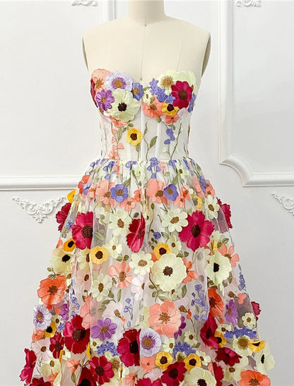 A-Line Cocktail Dresses Floral Dress Summer Garden Party Knee Length Sleeveless Strapless Tulle with Appliques