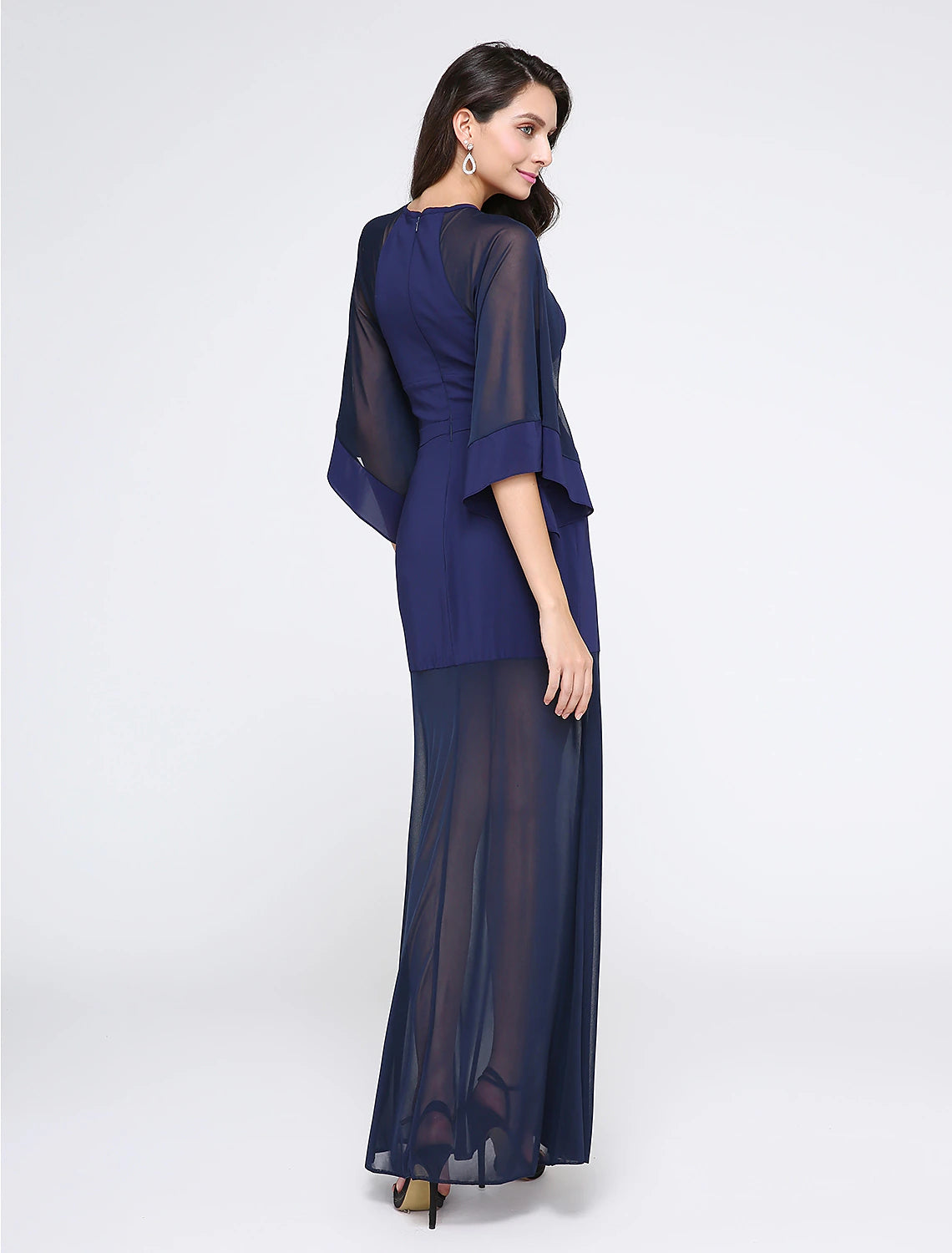 Sheath / Column See Through Dress Prom Formal Evening Floor Length Half Sleeve Jewel Neck Chiffon with Pleats