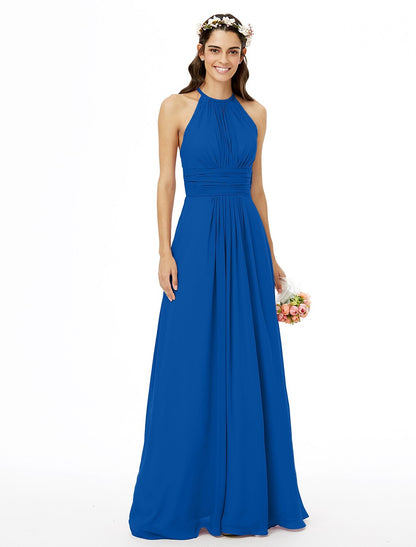 Sheath / Column Bridesmaid Dress Jewel Neck Sleeveless Beautiful Back Floor Length Chiffon with Lace / Sash / Ribbon / Pleats