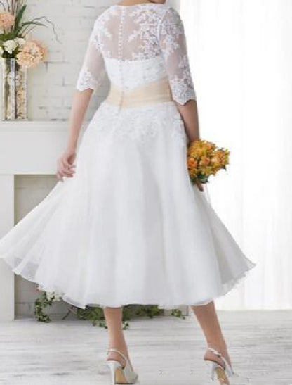 Reception Fall Wedding Dresses A-Line Illusion Neck V Neck Half Sleeve Tea Length Lace Bridal Gowns With Lace Appliques