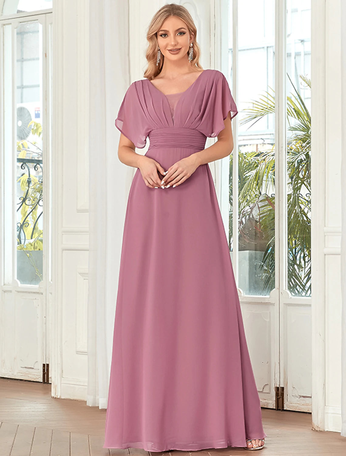 A-Line Elegant Formal Evening Dress V Neck Short Sleeve Floor Length Chiffon with Draping