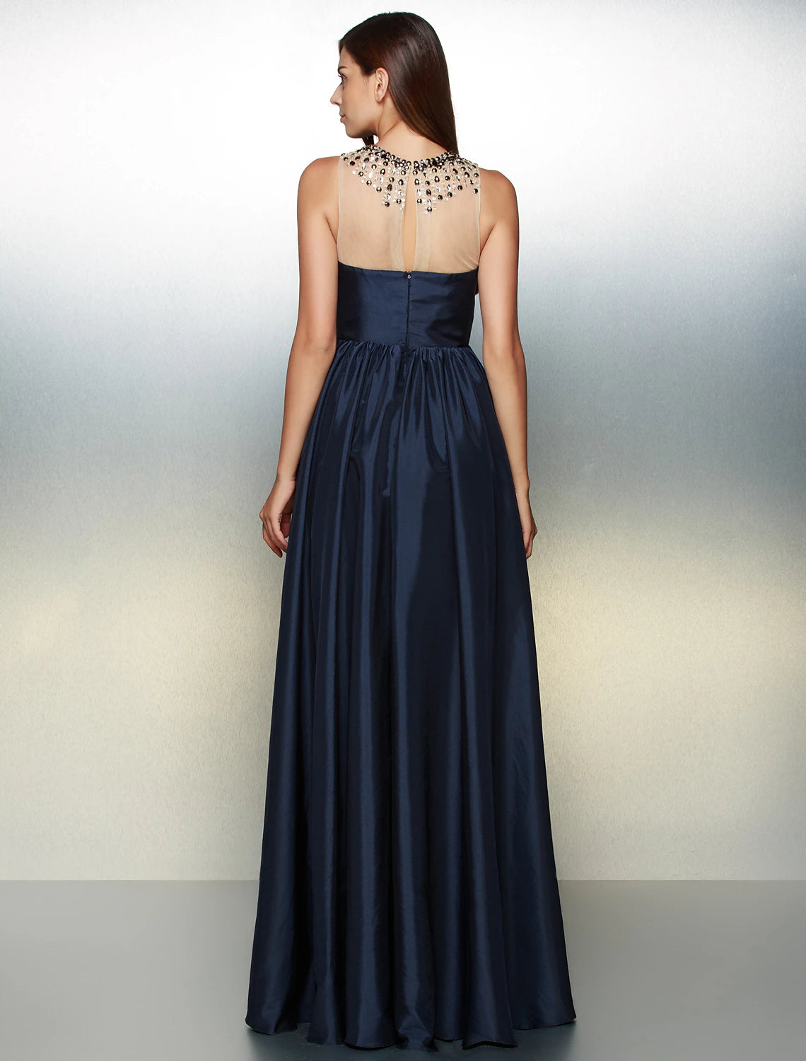 A-Line Elegant High Low Prom Formal Evening Dress Illusion Neck Sleeveless Asymmetrical Taffeta with Pleats Beading