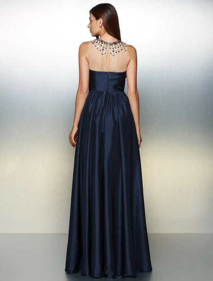 A-Line Elegant High Low Prom Formal Evening Dress Illusion Neck Sleeveless Asymmetrical Taffeta with Pleats Beading