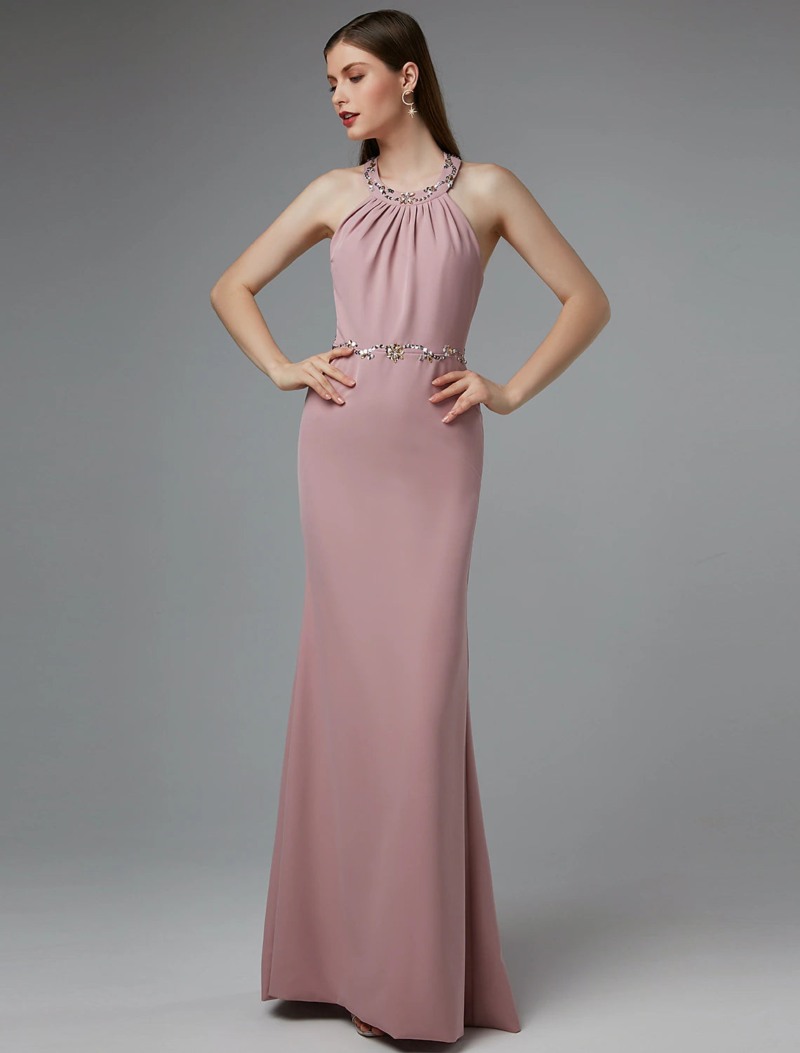 Sheath / Column Beautiful Back Dress Wedding Guest Prom Floor Length Sleeveless Halter Neck Spandex Crisscross Back with Beading