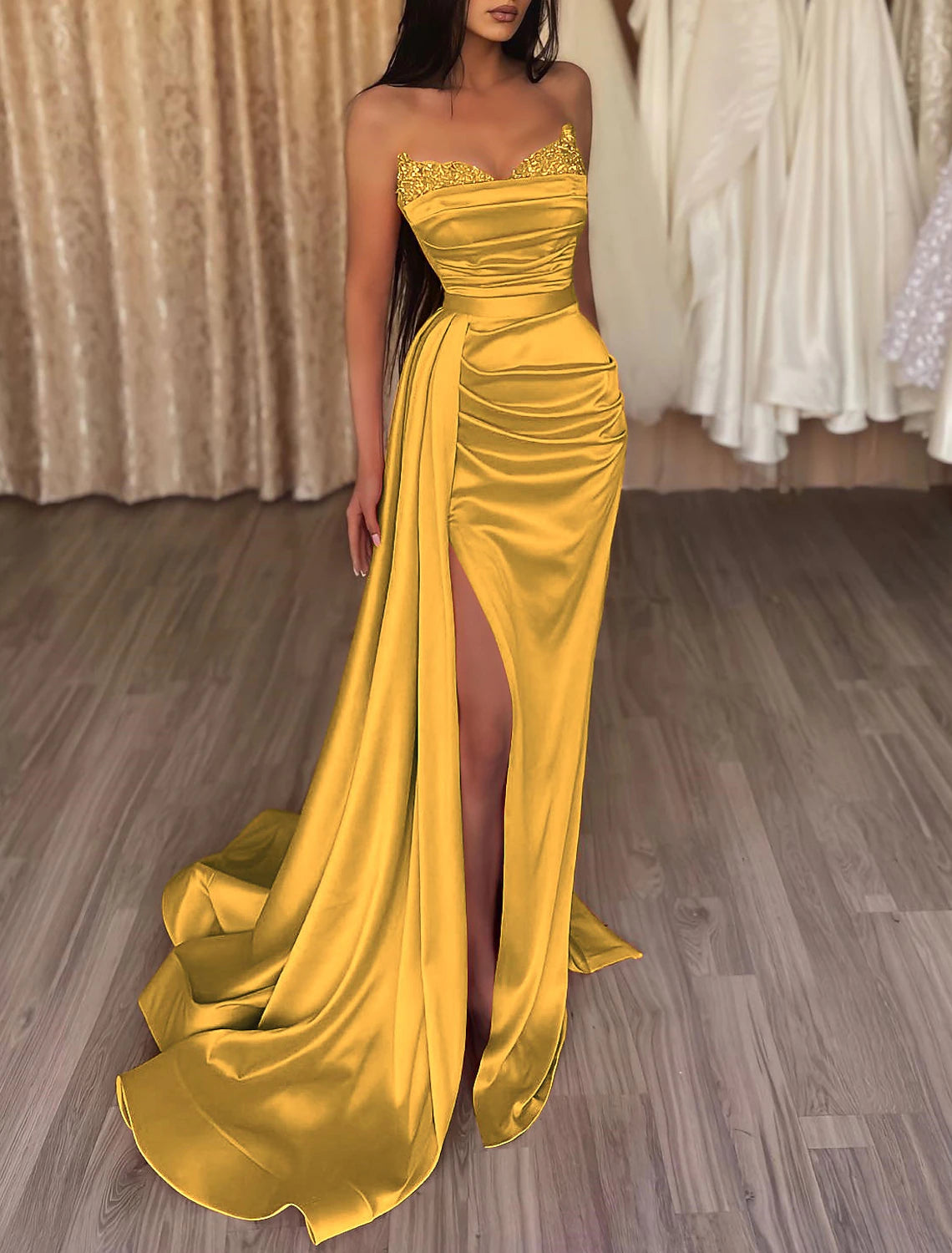 Mermaid / Trumpet Evening Gown Sexy Dress Cocktail Party Prom Court Train Sleeveless Strapless Bridesmaid Dress Satin with Beading Sequin