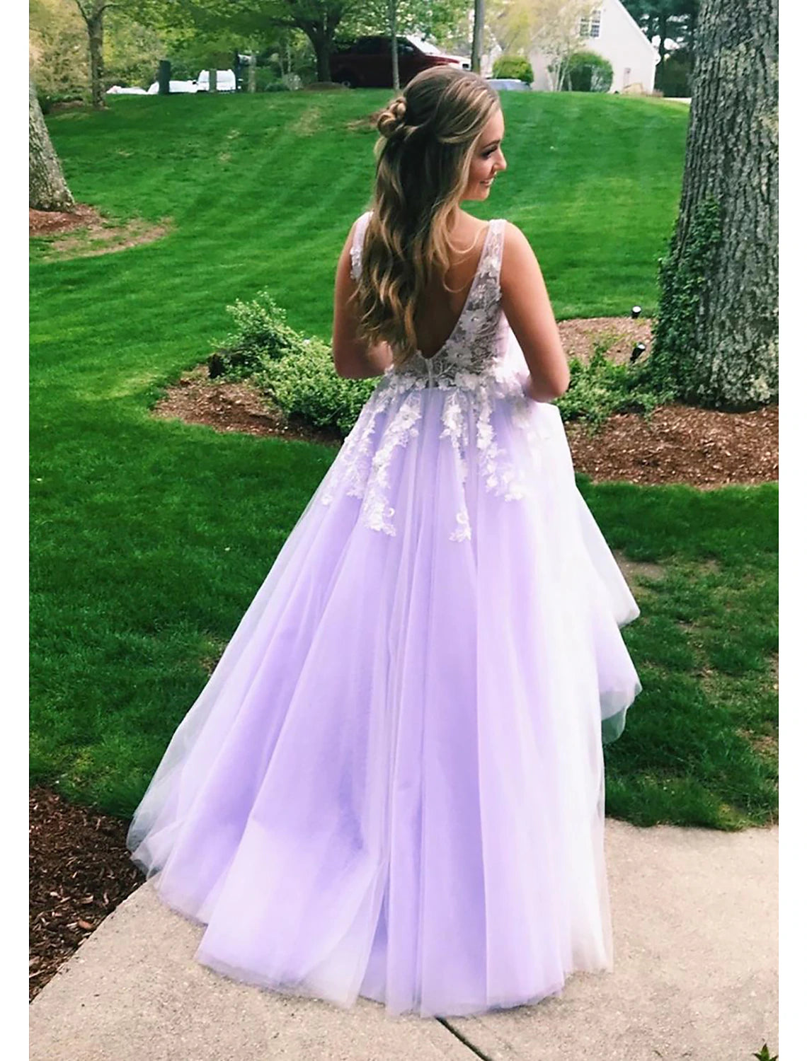 Ball Gown A-Line Prom Dresses Color Block Dress Formal Prom Floor Length Sleeveless V Neck Tulle Backless V Back with Beading Appliques