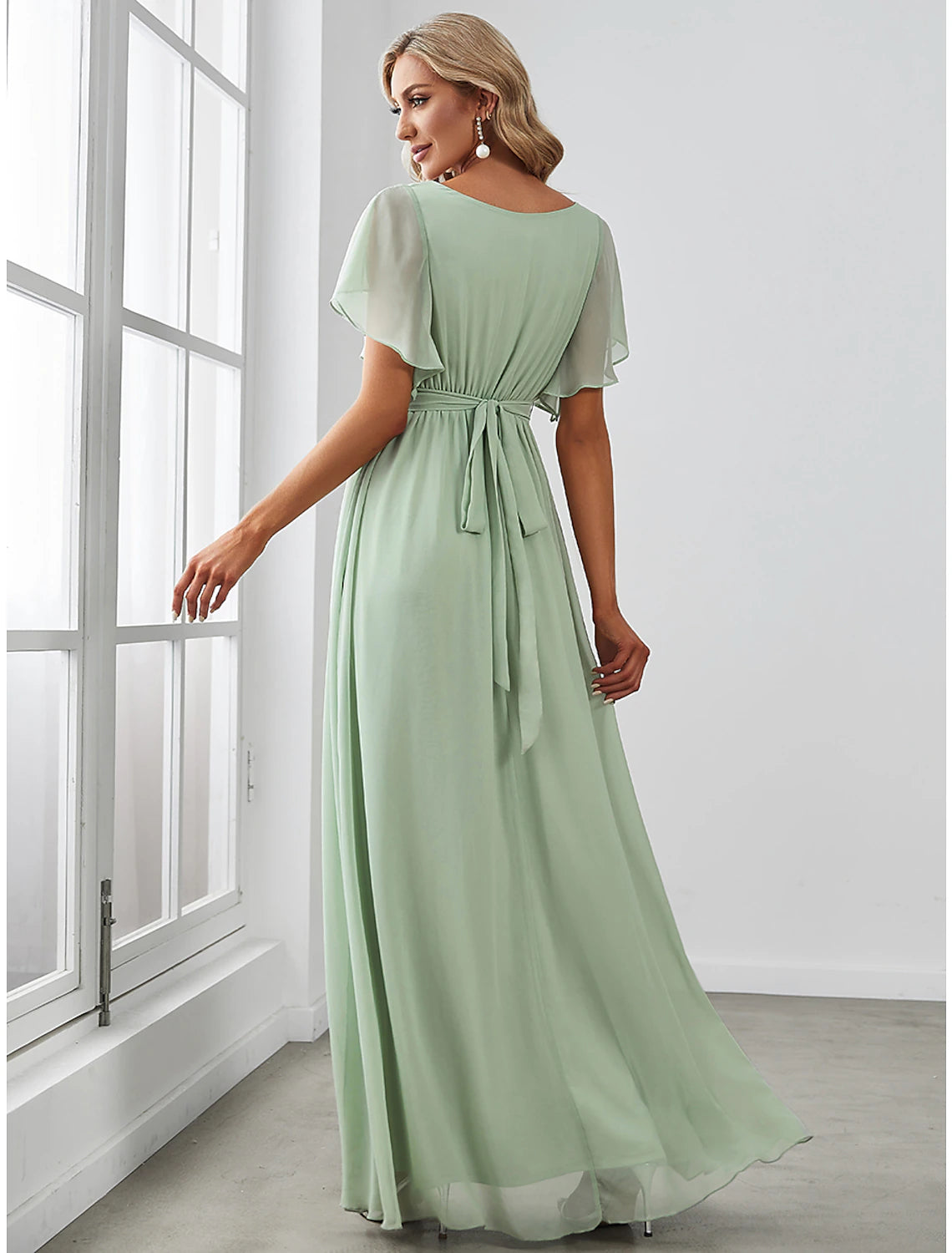 A-Line Bridesmaid Dress V Neck Short Sleeve Elegant Stretch Chiffon with Ruffles