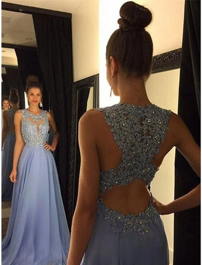 A-Line Empire Prom Formal Evening Dress Jewel Neck Sleeveless Sweep / Brush Train Chiffon with Beading Appliques