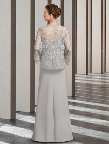 Two Piece Sheath / Column Mother of the Bride Dress Elegant Scoop Neck Floor Length Chiffon Lace Sleeveless with Appliques