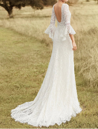 Beach Boho Wedding Dresses A-Line Scoop Neck Long Sleeve Sweep / Brush Train Lace Bridal Gowns With Lace Solid