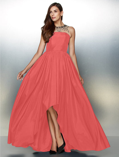 A-Line Elegant High Low Prom Formal Evening Dress Illusion Neck Sleeveless Asymmetrical Taffeta with Pleats Beading