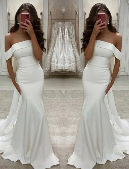 Reception Sexy Wedding Dresses Mermaid / Trumpet Off Shoulder Cap Sleeve Sweep / Brush Train Stretch Fabric Bridal Gowns With Solid