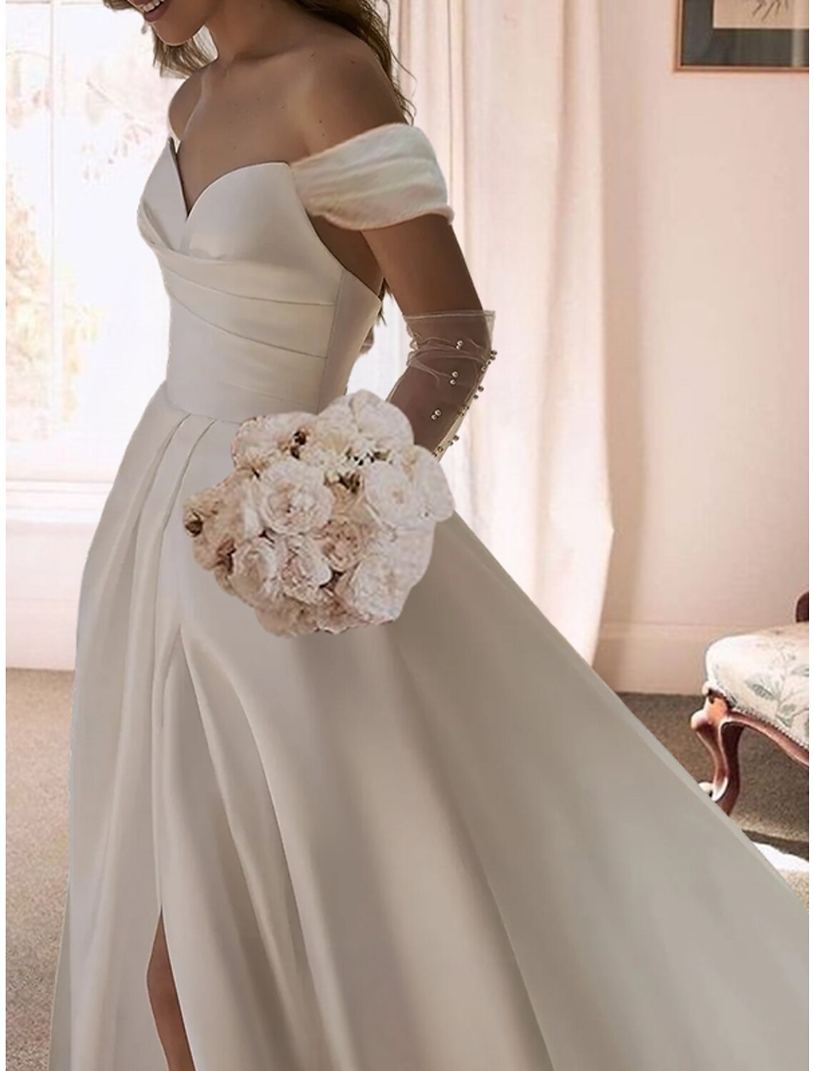 Reception Formal Wedding Dresses Ball Gown Off Shoulder Short Sleeve Sweep / Brush Train Satin Bridal Gowns With Ruched Split Front