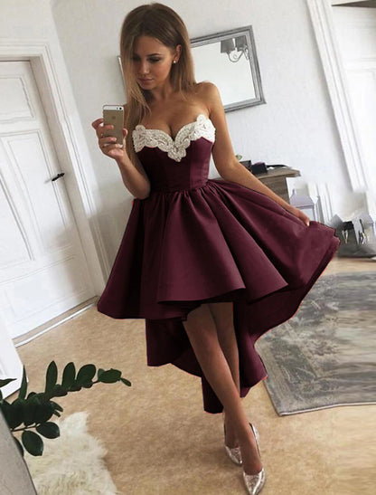 A-Line Cocktail Dresses Minimalist Dress Homecoming Graduation Asymmetrical Sleeveless Strapless Satin with Appliques