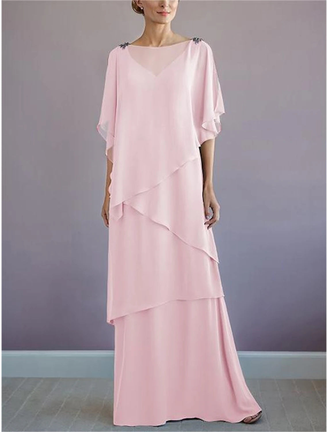 A-Line Mother of the Bride Dress Formal Wedding Guest Elegant Bateau Neck Floor Length Chiffon Half Sleeve with Ruffles Draping Tier