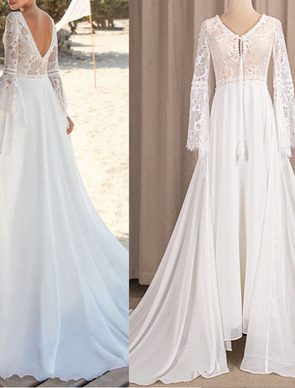 Beach Open Back Boho Wedding Dresses A-Line V Neck Long Sleeve Sweep / Brush Train Chiffon Bridal Gowns With Pleats