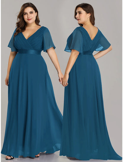 A-Line Empire Fall Wedding Guest Dress For Bridesmaid Plus Size Formal Evening Dress V Neck Short Sleeve Floor Length Chiffon with Pleats Ruched