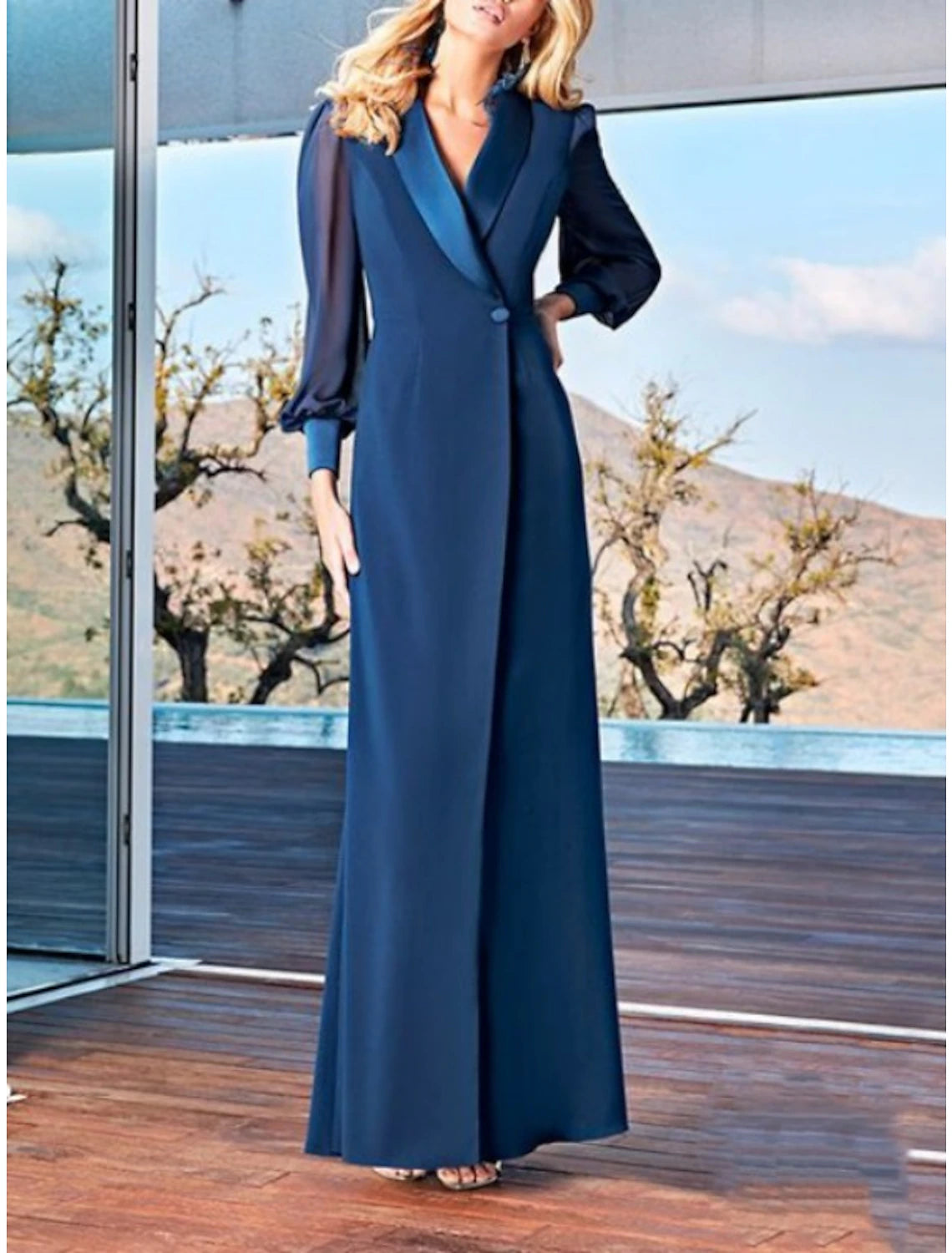 Sheath / Column Mother of the Bride Dress Wedding Guest Elegant Party Simple V Neck Ankle Length Chiffon Long Sleeve with Solid Color