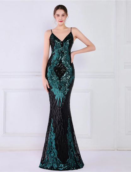 Mermaid / Trumpet Evening Gown Sparkle & Shine Dress Formal Wedding Guest Floor Length Sleeveless Spaghetti Strap Sequined with Sequin