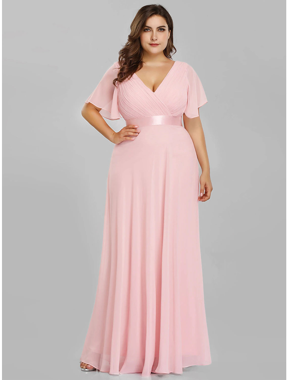 A-Line Mother of the Bride Dress Plus Size Elegant V Neck Floor Length Chiffon Short Sleeve with Sash / Ribbon Ruching