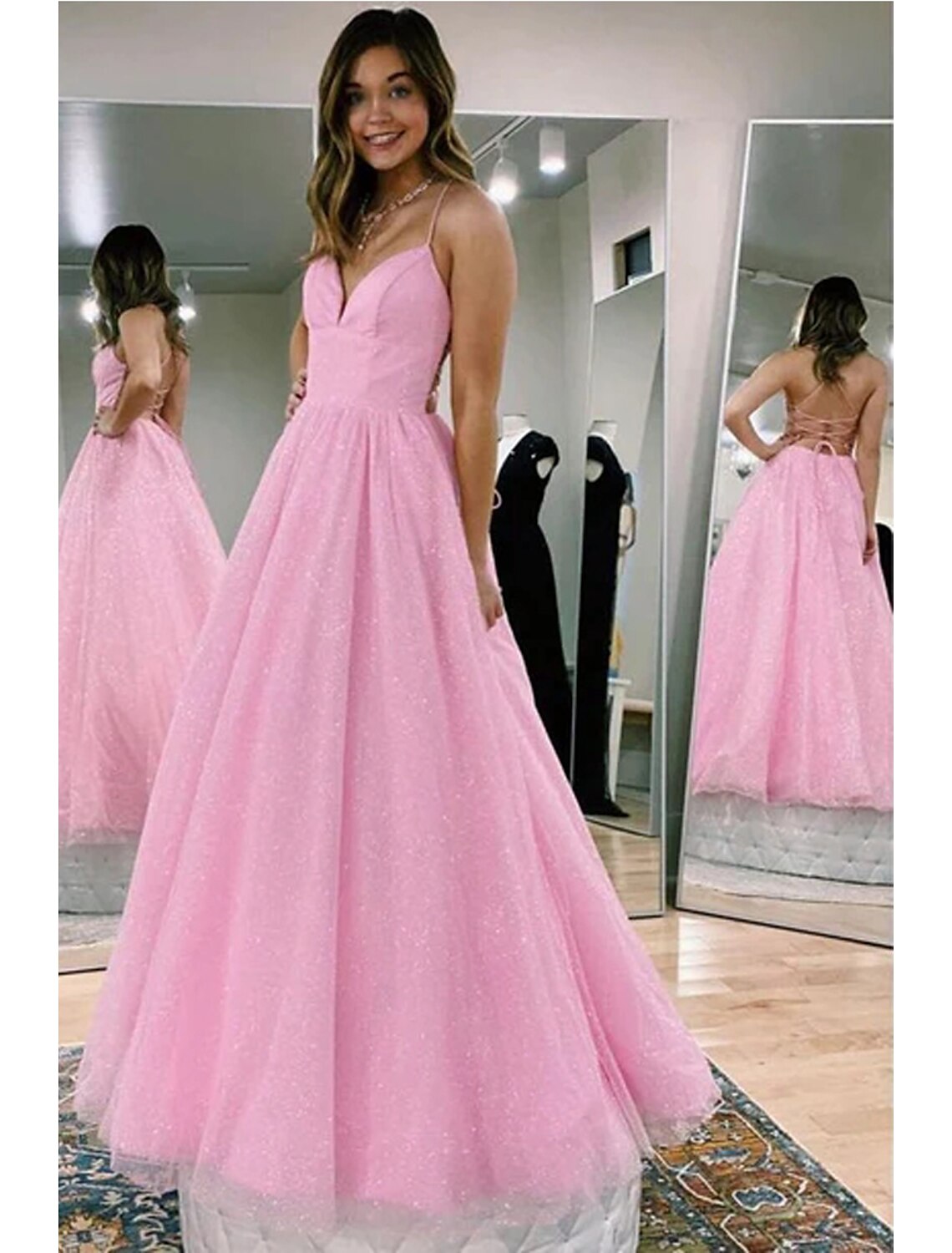 Ball Gown A-Line Prom Dresses Glittering Dress Formal Prom Floor Length Sleeveless V Neck Tulle Backless with Pleats