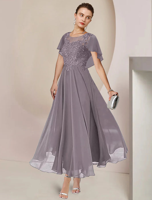 A-Line Mother of the Bride Dress Elegant Scoop Neck Tea Length Chiffon Lace Sleeveless with Beading Appliques