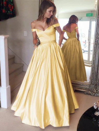 Ball Gown Elegant Prom Formal Evening Dress Off Shoulder Backless Short Sleeve Floor Length Satin with Pleats Beading