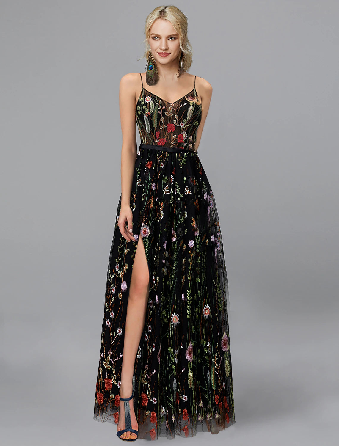 A-Line Prom Dresses Floral Dress Wedding Guest Formal Evening Floor Length Sleeveless Spaghetti Strap Chiffon with Slit Appliques