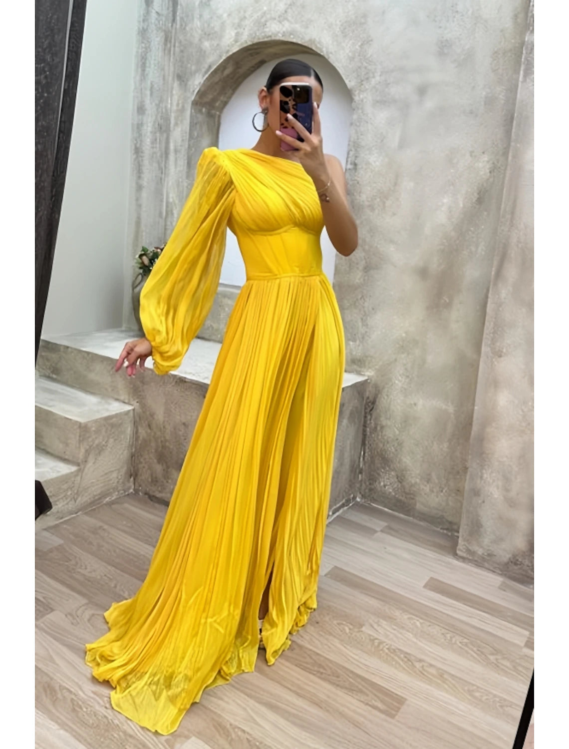 A-Line Evening Gown High Split Dress Formal Fall Sweep / Brush Train Long Sleeve One Shoulder Chiffon with Pleats Slit