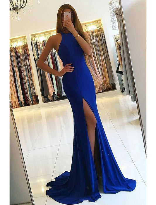 Mermaid / Trumpet Evening Gown Bodycon Dress Formal Prom Court Train Sleeveless High Neck Stretch Fabric with Slit