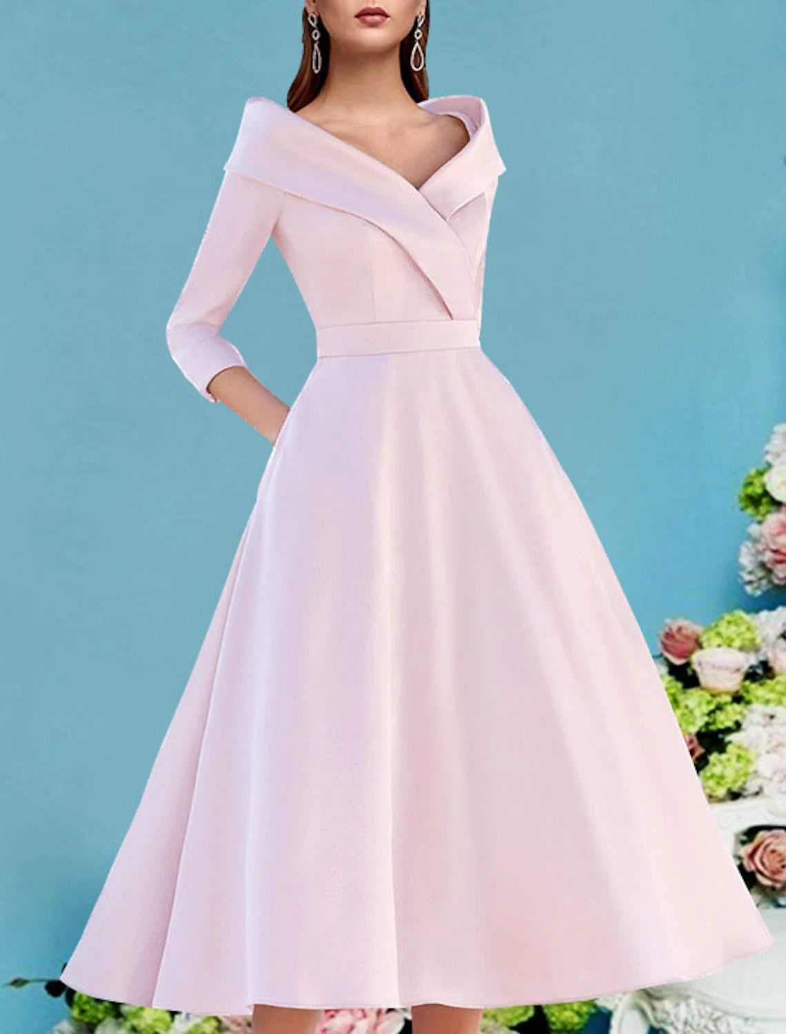 A-Line Mother of the Bride Dress Fall Wedding Guest Vintage Elegant V Neck Tea Length Satin 3/4 Length Sleeve with Pleats