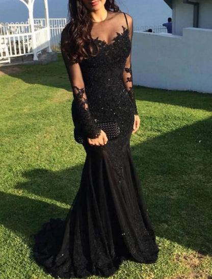 Mermaid Appliques Evening Gown Sequin Prom Dress Sparkle Formal Gown Sweep / Brush Train Long Sleeve Illusion Neck Lace with Appliques