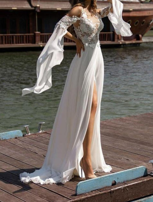 Beach Boho Wedding Dresses A-Line Off Shoulder Long Sleeve Sweep / Brush Train Chiffon Bridal Gowns With Split Front