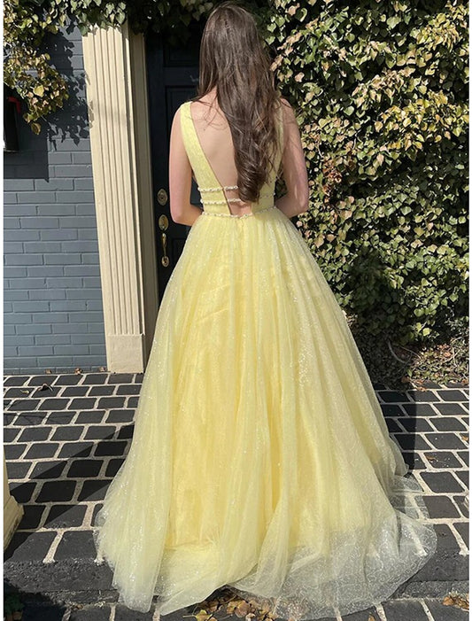 A-Line Prom Dresses Glittering Dress Wedding Party Birthday Floor Length Sleeveless V Neck Tulle Backless with Sequin