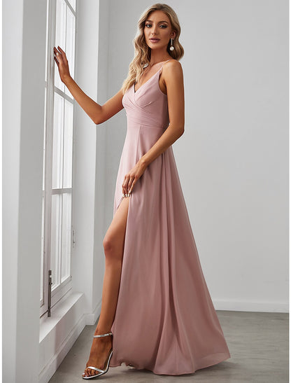 A-Line Bridesmaid Dress V Neck Sleeveless Elegant Floor Length Chiffon with Draping