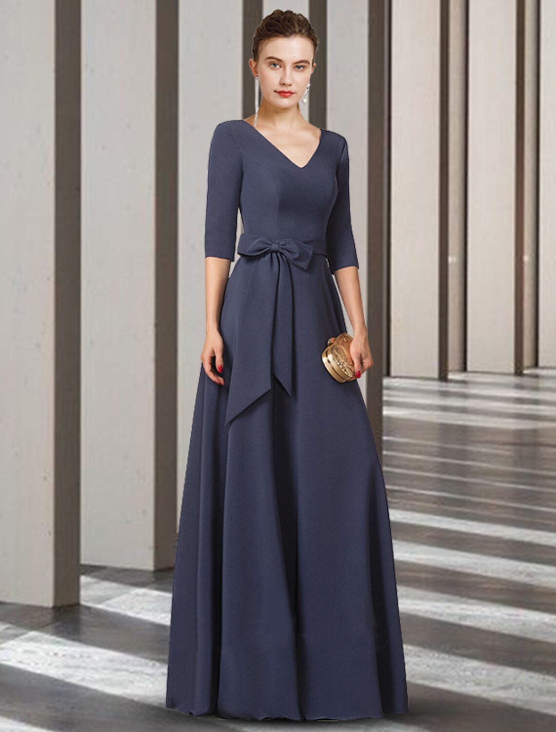 Sheath / Column Mother of the Bride Dress Elegant V Neck Floor Length Stretch Chiffon Half Sleeve with Bow(s) Pleats