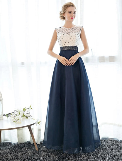 A-Line Beautiful Back Elegant Beaded & Sequin Prom Formal Evening Dress Illusion Neck Sleeveless Floor Length Tulle Over Lace with Beading