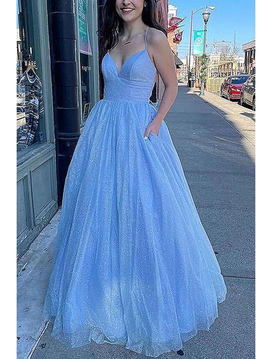 Ball Gown A-Line Prom Dresses Sparkle & Shine Dress Formal Prom Floor Length Sleeveless V Neck Tulle Backless with Pleats