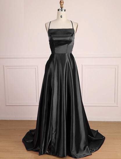 A-Line Prom Dresses Minimalist Dress Party Wear Prom Sweep / Brush Train Sleeveless Spaghetti Strap Satin with Pleats Slit