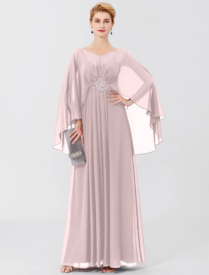 Sheath / Column Mother of the Bride Dress Formal Classic & Timeless Elegant & Luxurious Elegant V Neck Floor Length Chiffon Long Sleeve with Pleats Beading