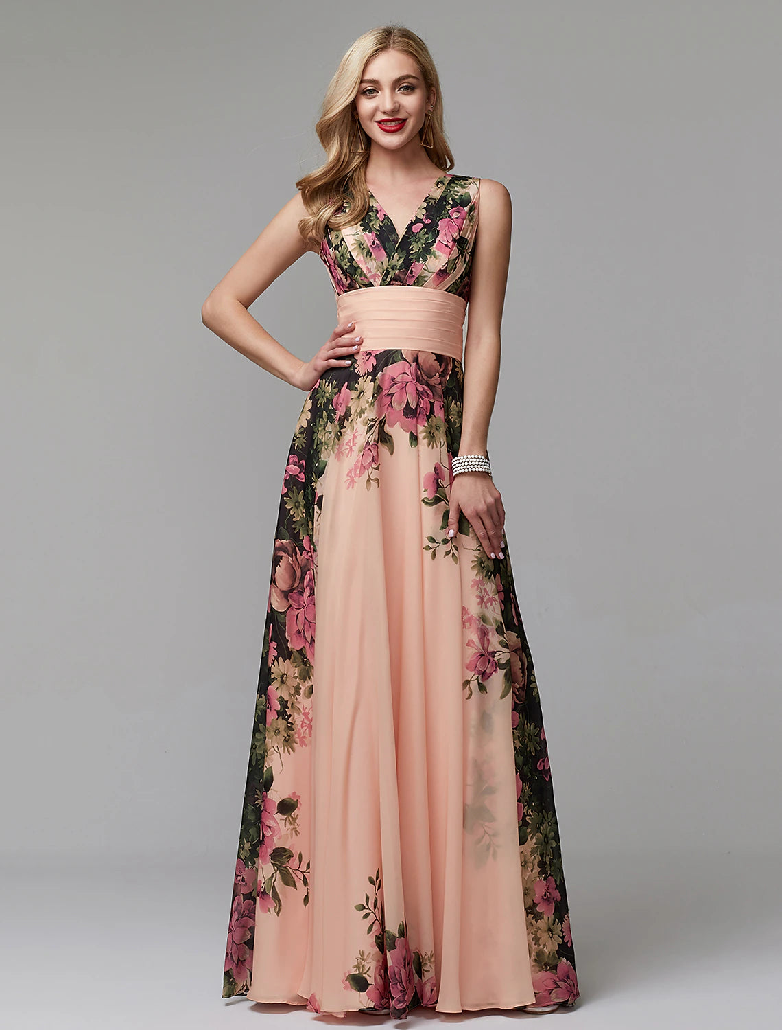 A-Line Floral Dress Holiday Wedding Guest Floor Length Sleeveless V Neck Bridesmaid Dress Chiffon with Pattern / Print