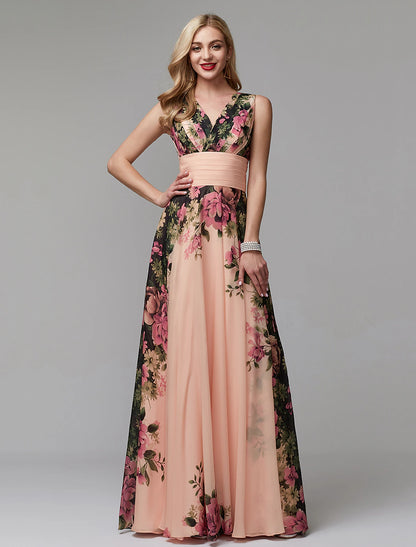 A-Line Floral Dress Holiday Wedding Guest Floor Length Sleeveless V Neck Bridesmaid Dress Chiffon with Pattern / Print