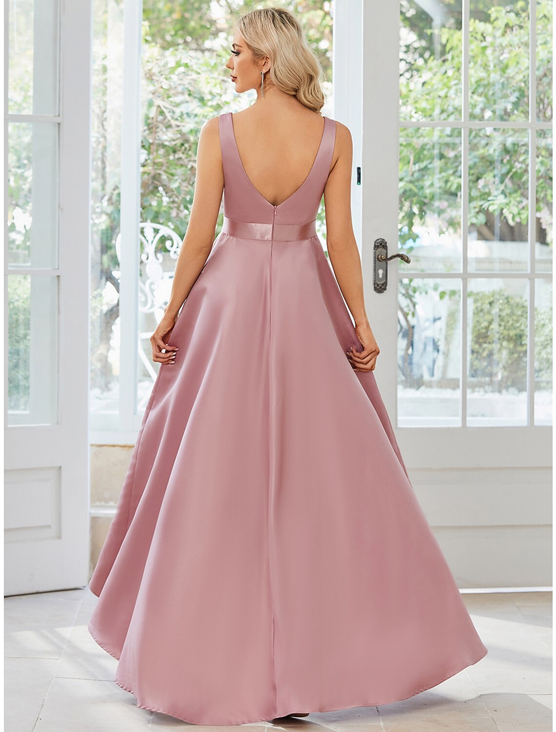 A-Line Wedding Guest Dresses Casual Dress Party Wear Wedding Party Asymmetrical Sleeveless V Neck Satin with Ruffles