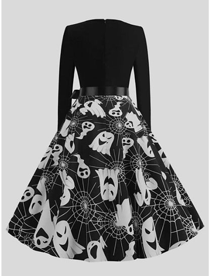 A-Line Party Dresses Vintage Dress Halloween Knee Length Long Sleeve Jewel Neck Polyester with Bow(s) Print