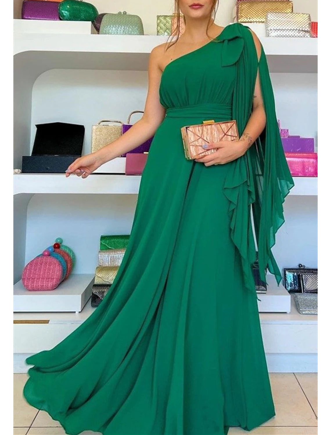 A-Line Evening Gown Party Dress Red Green Dress Elegant Formal Wedding Guest Sweep / Brush Train Sleeveless One Shoulder Capes Chiffon with Ruffles