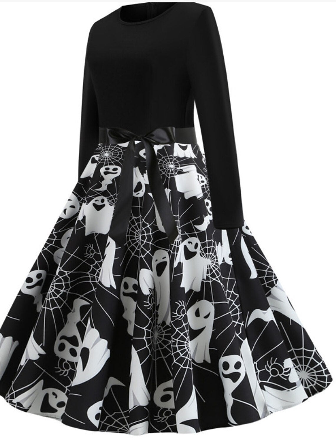 A-Line Party Dresses Vintage Dress Halloween Knee Length Long Sleeve Jewel Neck Polyester with Bow(s) Print