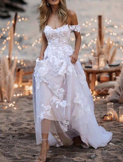 Beach Wedding Dresses A-Line Off Shoulder Cap Sleeve Sweep / Brush Train Lace Bridal Gowns With Lace Embroidery