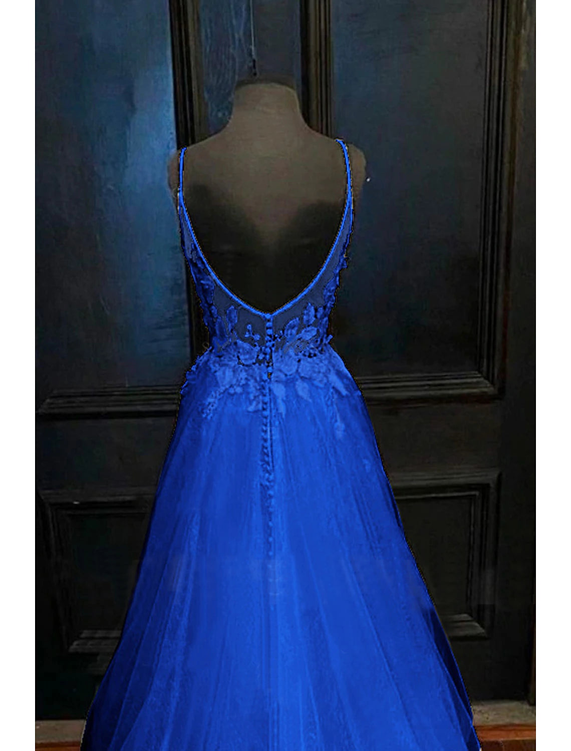 A-Line Prom Dresses Open Back Dress Formal Prom Court Train Sleeveless V Neck Tulle Backless V Back with Beading Appliques