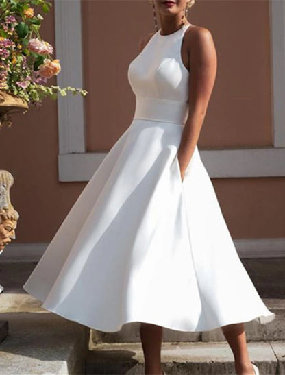 Reception Little White Dresses Wedding Dresses A-Line Halter Sleeveless Tea Length Satin Bridal Gowns