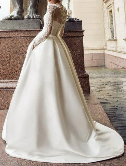 Engagement Vintage Formal Wedding Dresses Ball Gown Illusion Neck Long Sleeve Court Train Satin Bridal Gowns With Appliques Pocket